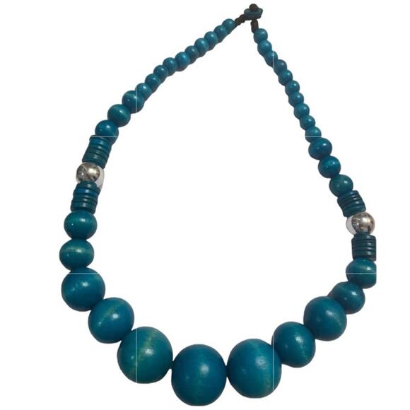 Turquoise Chunky Wooden Bead Silver Tone Bead Necklace - Picture 1 of 3